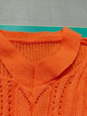 Lightweight Open-Knit V-Neck Sweater in Bright Orange
